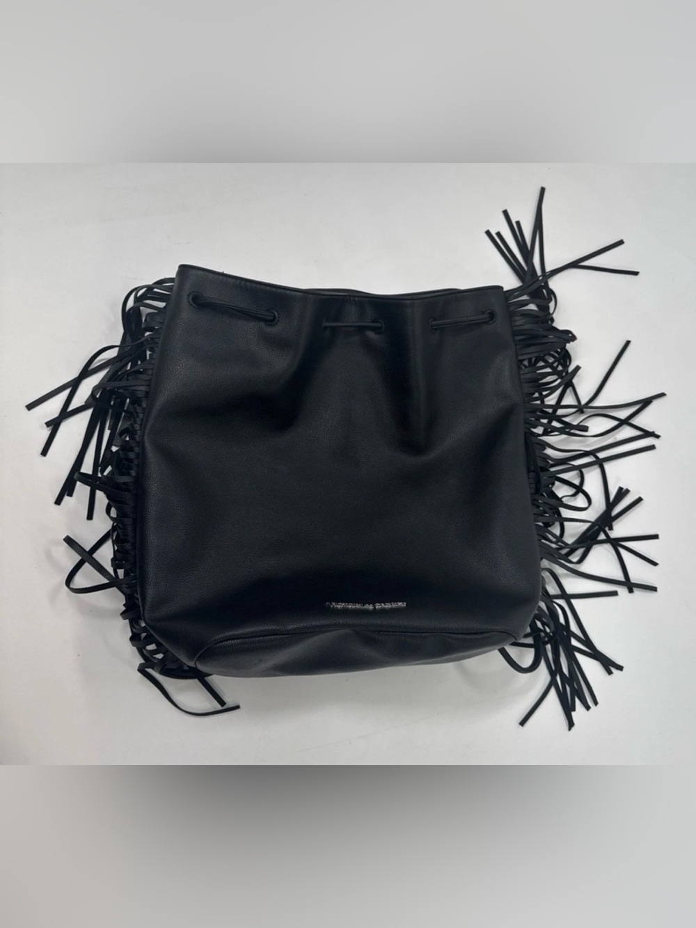 Victoria's Secret Black Fringe Bucket Bag Drawstring Biker Shoulder Strap Purse